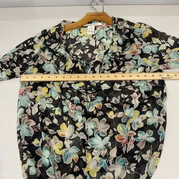 American Rag Women Sz L Black Sheer Floral Bouse Round Tie Neck Balloon Sleeve - Picture 7 of 11